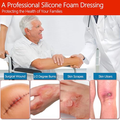 Silicone Foam Dressing, Waterproof Silicone Bandages, Heavy Exudate Wound Care Pads, High Absorbency Bed Sore Bandages Wound Care Dressing Pad 4"x4" 5 Packs