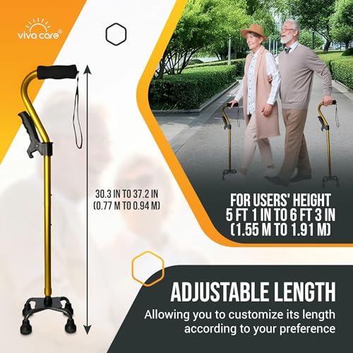 Walking Cane with 4 Prongs and Extra Side Handle – Adjustable, for Balance & Stability for Adults, Seniors, and Injured. - color: Gold