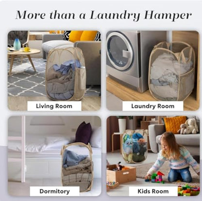 Handy Laundry Collapsible Mesh Pop Up Hamper with Side Pocket - color: Beige, 1-PACK