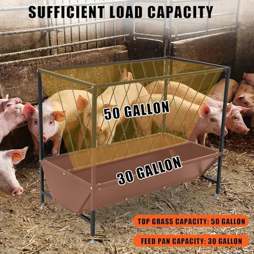 PeakPursuit Heavy Duty 50 Gallon Hay Feeder with 30 Gal Grain Pan，2-in-1 Steel Livestock Feeder for Horses, Cows, Sheep - Corrosion Resistant Powder Coated Black