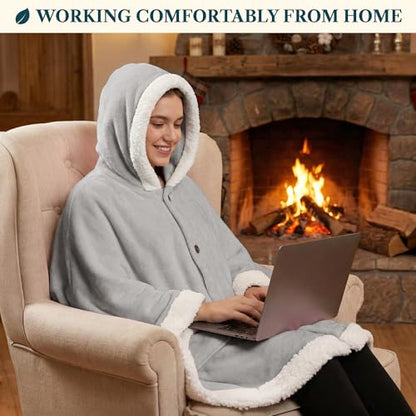 PAVILIA Hooded Blanket Poncho Fleece Wearable Shawl Wrap Throw, Light Grey | Fleece Shawl Wrap with Hood, Adult Wearable Blanket, Cozy Warm Poncho Cape Throw with Pockets, Gift for Elderly Mom - color: Light Grey