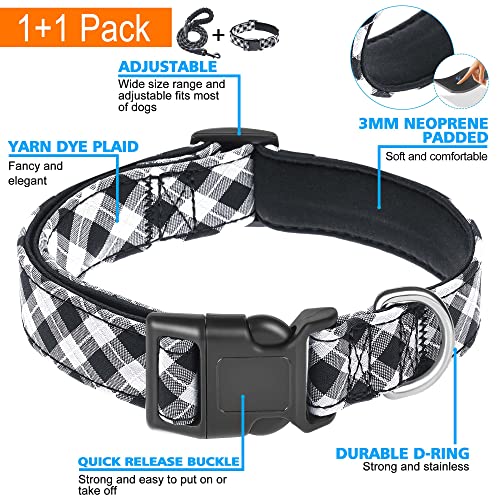 Ladoogo Reflective Dog Collar Padded with Soft Neoprene Breathable Adjustable Nylon Dog Collars for Small Medium Large Dogs (X-Small (Pack of 1), Black Plaid Collar+Leash) - color: Black/White, size: X-Small