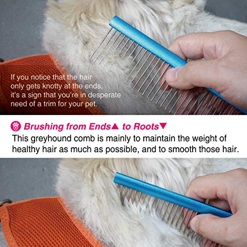 Greyhound Comb with Oval Handle for Dogs and Cats, Removing and Shedding Matted, Tangled Hair, Metal Comb with Stainless Steel Pins, Detangling Grooming Tool (9.8" Blue-20% fine pins) - color: Blue-20% fine pins, size: Medium