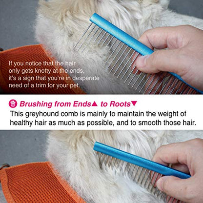 Greyhound Comb with Oval Handle for Dogs and Cats, Removing and Shedding Matted, Tangled Hair, Metal Comb with Stainless Steel Pins, Detangling Grooming Tool, Pet Comb (20% Fine Spacing)… - color: Blue-20% fine pins, size: Small (Pack of 1)