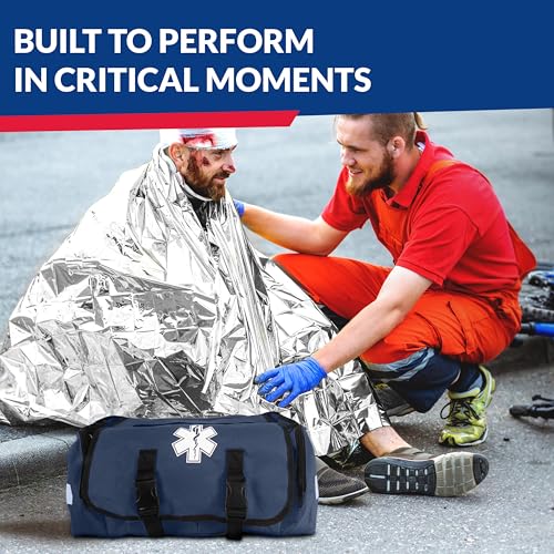 First Responder Trauma First Aid Kit Bag – Fully Stocked Emergency Medical Kit for Workplace, Vehicle & Home – OSHA & ANSI Compliant – Portable – Blue - color: Blue