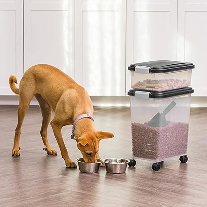 IRIS USA 30 lb + 11 lb Airtight Pet Food Storage Containers with Wheels | Stackable Pet Food Plastic Storage Bins with Wheels for Cat and Dog Food, Made in USA - color: Black