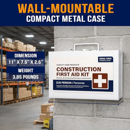 EVERLIT 185 Pcs Metal First Aid Kit for Contractors, Construction Site, OSHA Compliant, Workshop, Business, Commercial Truck Vehicle DOT, Wall Mount Box, All-Purpose