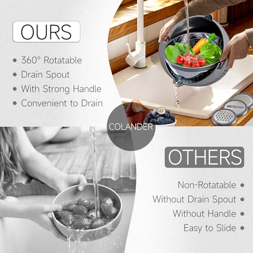 4-1 Colander with Lid Set - Rotatable Strainer With Bowl(Patented), Pasta Strainer with New Upgraded Graters, Strainer And Colanders, Fruit Cleaner, Veggie Wash, Apartment Kitchen Gadgets - Grey - color: Dark Gray