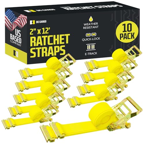 DC Cargo Mall E Track Ratchet Straps Cargo Tie-Downs, (Pack of 10) 2 x 12 Heavy Duty Yellow Tie-Down Rachet Straps, Strong Ratchet Strap, E Track Spring Fittings, Tie Down Motorcycle - size: 10 - Pack