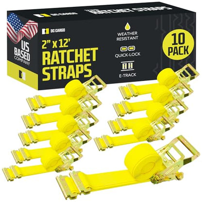 DC Cargo Mall E Track Ratchet Straps Cargo Tie-Downs, (Pack of 10) 2 x 12 Heavy Duty Yellow Tie-Down Rachet Straps, Strong Ratchet Strap, E Track Spring Fittings, Tie Down Motorcycle - size: 10 - Pack