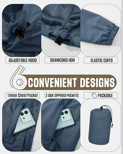 33,000ft Men's Waterproof Rain Jacket Packable Lightweight Hood Rain Shell - color: Royal Blue, size: Large