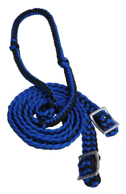 Showman 7' Braided Knotted Nylon Roping Barrel Racing Contest Reins - color: Blue / Black