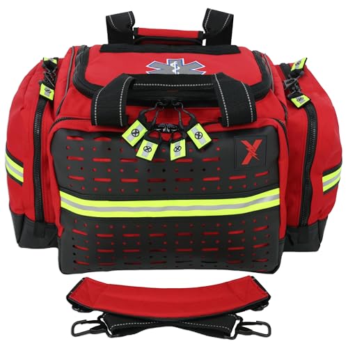 Lightning X Personalized EMT Trauma Bag – Large ALS Medical Bag with 6 Color-Coded Pouches, MOLLE Panel, Waterproof Bottom, Reflective EMS Gear, Custom Embroidered Name or Logo | LXMB35 - color: Red