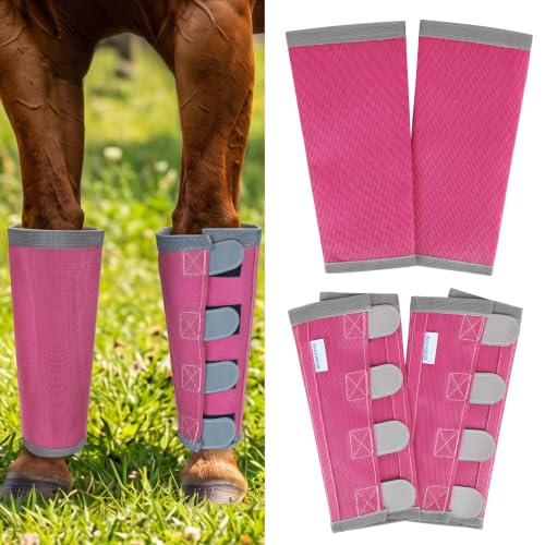 Fly Boots for Horses Set of 4 with Reflective Vercros, Loose Fitting Mesh Horse Fly Boots Leggings, Adjustable Equine Leg Wraps & Socks, Stay Up Not Sag, No Rub - color: Pink