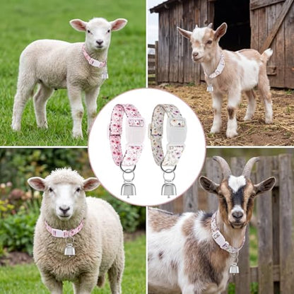 2 Pack Floral Goat Collars with Bells, White Pink Girly Pattern for Lambs - style: Floral