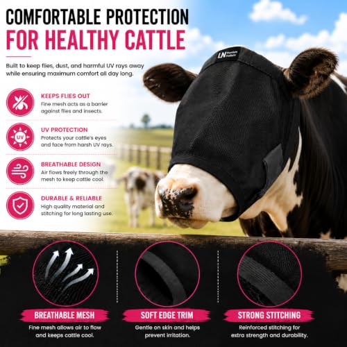 Cattle Livestock Fly Mask Fleece Padding Breathable Mesh Adjustable Fit for All Cattles (Black, Pink) (Black) - color: Black