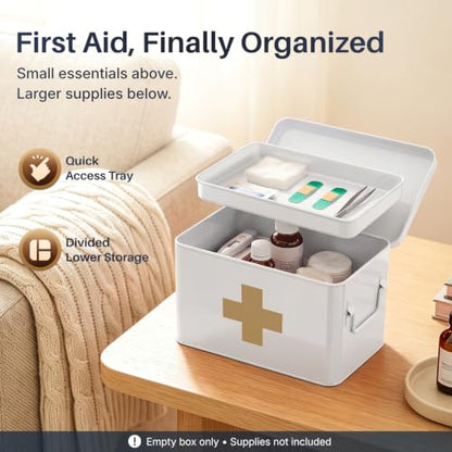 Flexzion Large Metal First Aid Box Empty, 8.5-Inch, White with Gold Cross - color: White - Gold Cross, size: 8.5 Inch without Latch Lock