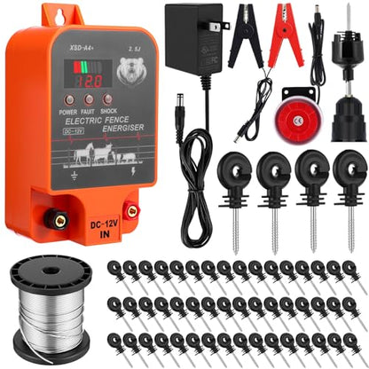 MorningRo 2.5j Electric Fence Charger with Digital Display & Alarm, Ac Dc 2 in 1 Power, 12v Input 8kv/12kv Output, 50 Black Electric Fence Insulator, 1 Socket Tool, 250ft Aluminum Wire Animal Control