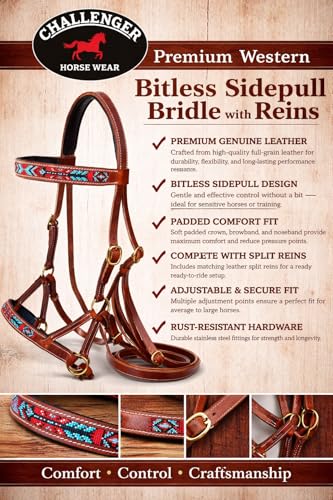 Horse Brown Leather Beaded Bitless Padded Sidepull Bridle w/ Reins 77RS17 - color: Tan/Beaded