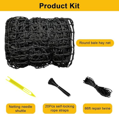 6x6ft Round Bale Hay Net for Horses, Heavy Duty Slow Feed Hay Net with 1.6" Mesh, Black Nylon Hay Feeder for Horses, Cattle, Goats, Includes Free Repair Kit, Reduce Waste - size: 6x6FT