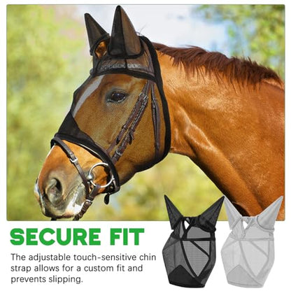2 Pcs Horse Fly Mask with Ears Adjustable UV Protection Horse Fly Mask Accessories Large Eye Space with Ears for Horses Summer, Black and Gray(M-cob) - size: M-cob