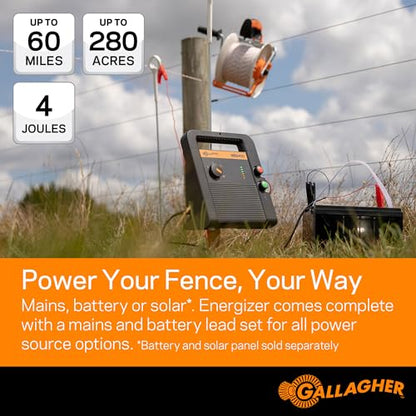 Gallagher MBS400 Multi-Power Fence Energizer | 4 Joule Electric Fence Charger for Livestock & Pasture Fencing | 110V Plug-in Battery or Solar Compatible | Powers Up to 60 Miles