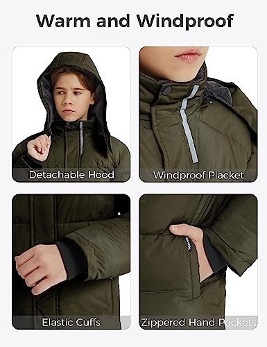 wantdo Boys Puffy Winter Coats Fleece-Lined Snow Jackets Removable Hood | Elastic Cuffs, Hook-and-Loop Collar, Windproof, Machine Washable - color: Army Green, size: 6-7