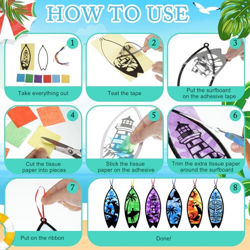 AmazingSpark 30 Pcs Surfboard Suncatcher Craft Kit, Summer Beach DIY Art | Stained Glass Effect Tissue Paper, 6 Ocean Designs, Includes Frames and Colorful Papers, Bulk for Party Activities - style: Beach Surfboard