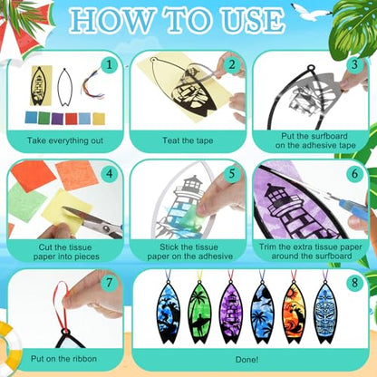 AmazingSpark 30 Pcs Surfboard Suncatcher Craft Kit, Summer Beach DIY Art | Stained Glass Effect Tissue Paper, 6 Ocean Designs, Includes Frames and Colorful Papers, Bulk for Party Activities - style: Beach Surfboard