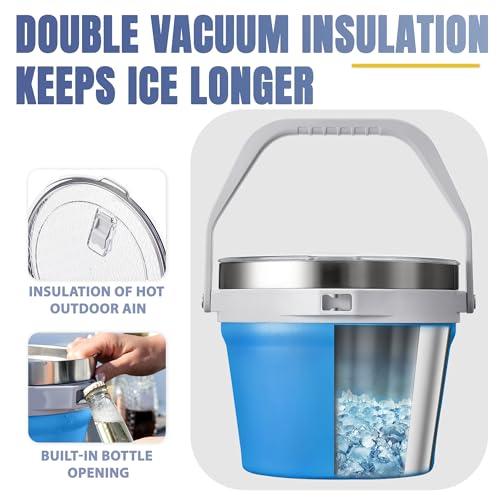 COKTIK 7L Vacuum Insulated Ice Bucket with Lid and Scoop& Tongs，Large capacity Stainless Steel Beverage Bucket for Cocktail, Champagne, Wine, Beer，Large Parties（Blue Suit） - color: Blue Suit