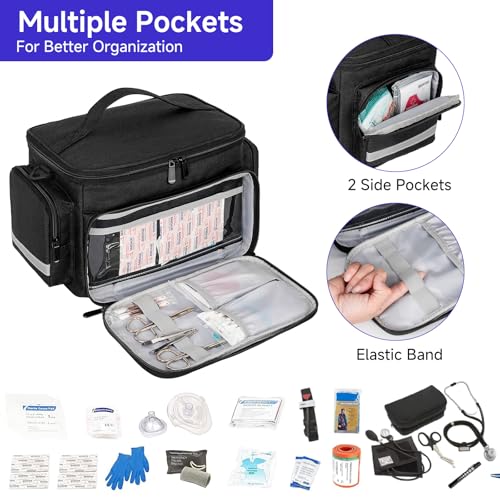 LEFOR·Z Small Medical Bag,First Aid Bag Empty,Home Health Nurse Storage,Pill Bottle Organizer Box,Emergency Medical Supplies Tote with Detachable Divider for Home,Travel(11.75 x 7.6 x 8 inch) - style: Black-small