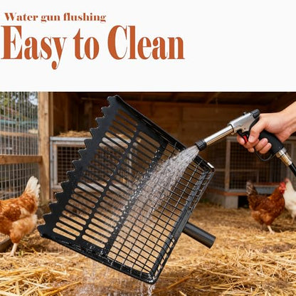 Chicken Poop Scooper & Rake 2-in-1, Adjustable 35"-65" Stainless Steel Handle, Heavy Duty Metal Black Shovel Head for Chicken Coop Cleaning, Pet Waste, Cat Litter Sifting