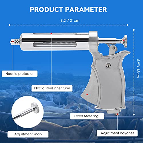 NEWTRY 50ML Continuous Livestock Syringe Adjustable Poultry with 10 Needles | Semi Automatic Syringe Adjustable Poultry Gun Stainless Steel with 10 Needles for Horse Sheep Cattle