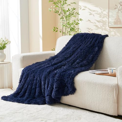 GONAAP Fuzzy Faux Fur Twin Blanket for Couch, Dark Navy, 60"x80" - color: Dark Navy, size: Twin(60"x80")