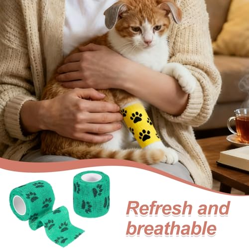 Pet Wrap Bandages, 2 Inch 5 Yard Self Adhesive Bandage Wrap, Pet Non-Woven Tape First Aid Cohesive Gauze, (Green/Paw, 2 Pcs), Intended for Dog/Cat/Bird/Legs/Paws/Wound - color: Green, size: 2 inch