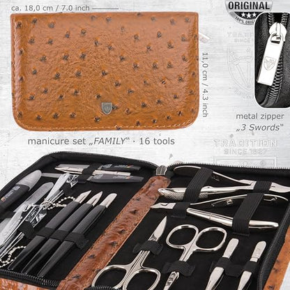 3 Swords Germany – manicure pedicure set kit (141) - color: SYNTHETIC LEATHER - OSTRICH BROWN