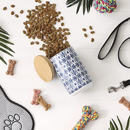 Bone Dry Ceramic Pet Treat Canister with Bamboo Lid, Dishwasher Safe, Countertop Storage, Keep Dog & Cat Treats Safe & Dry, 4x6.5", Blue Tile - color: Blue Tile, size: 4x6.5"