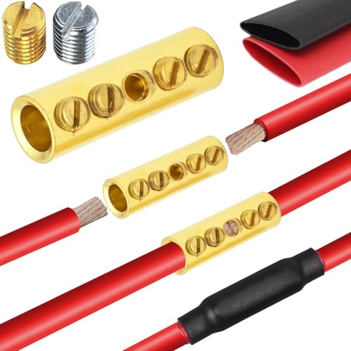 6 Gauge Wire Butt Connectors 6 PCS Brass Mechanical Butt Splice Connectors Kit 6 AWG Mechanical Repair Splice Kit Splice Screw Sleeves 6 PCS Mechanical Splices & 3:1 Heat Shrink Tubes - color: Bare Brass