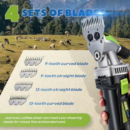 Sheep Shears Professional 850W 2400RPM with 4 Blades, Heavy-Duty | 6-Speed Adjustable, with 4 Blades: 13-Tooth Straight & Curved, 9-Tooth Straight & Curved, Ideal for Thick Coat Animals - size: with 4 Blades