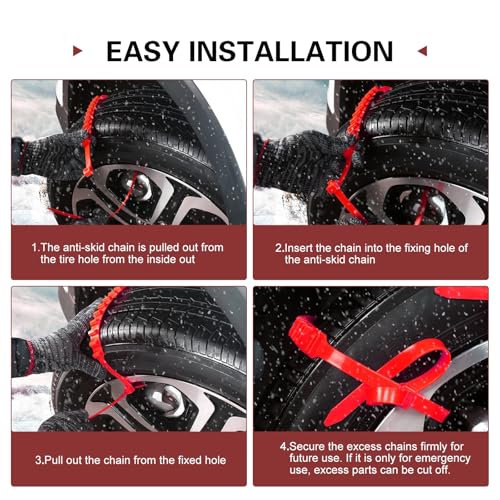 10 PCS Snow Chains for Car Tires, 35.4" Adjustable Traction Grip Tire Cables, Multi-groove Snow & Mud Chains with Serrated, Suitable for Most Cars, SUVs, Off-road Vehicles (Red)