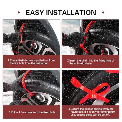 10 PCS Snow Chains for Car Tires, 35.4" Adjustable Traction Grip Tire Cables, Multi-groove Snow & Mud Chains with Serrated, Suitable for Most Cars, SUVs, Off-road Vehicles (Red)