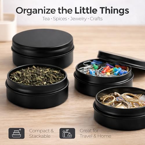 3 Pcs, Metal Tin Round Container, Mini Portable Small Storage Container Kit with Twist Lid for Home Storage 2.5x1 Inch, Black