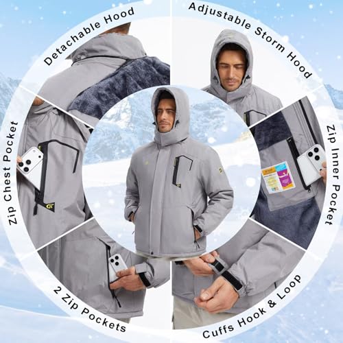 QPNGRP Mens Waterproof Ski Snowboard Jacket Winter Windproof Snow Coat - color: Cation Lightgray, size: X-Large
