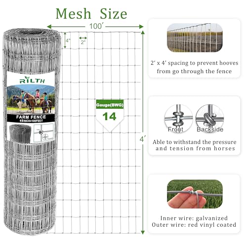 4 ft x 100 ft Galvanized Horse Fence,2 x 4 in Mesh Farm Fence, 14 Gauge | No-climb farm fencing for horses, goats and sheep; suitable for livestock enclosures, paddocks, pastures, fields and farms