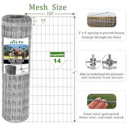 4 ft x 100 ft Galvanized Horse Fence,2 x 4 in Mesh Farm Fence, 14 Gauge | No-climb farm fencing for horses, goats and sheep; suitable for livestock enclosures, paddocks, pastures, fields and farms