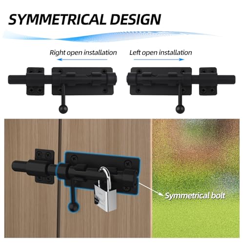 Barrel Bolt Latch, 6.3" Heavy Duty Gate Latch Slide Lock Solid 304 Stainless Steel Bolt Lock for Inside Door, Finished Shed Door Latch (2 Pack, Black) - color: Black 6inch