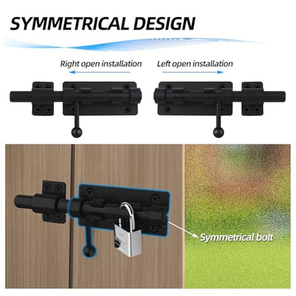 Barrel Bolt Latch, 6.3" Heavy Duty Gate Latch Slide Lock Solid 304 Stainless Steel Bolt Lock for Inside Door, Finished Shed Door Latch (2 Pack, Black) - color: Black 6inch