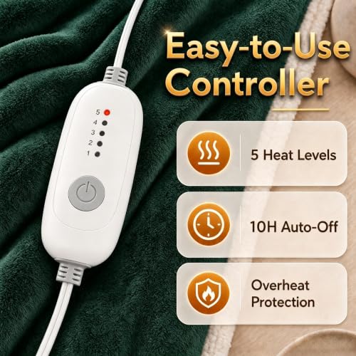Heated Blanket Electric Blanket Full Size 72''x84'' with 5 Heat Settings, 10 Hour Auto Off, Machine Washable, Flannel & Sherpa Soft Warming Blanket for Couch, Bed, Office - Grass Green - color: 04-grass Green, size: 72''x84''(Full)