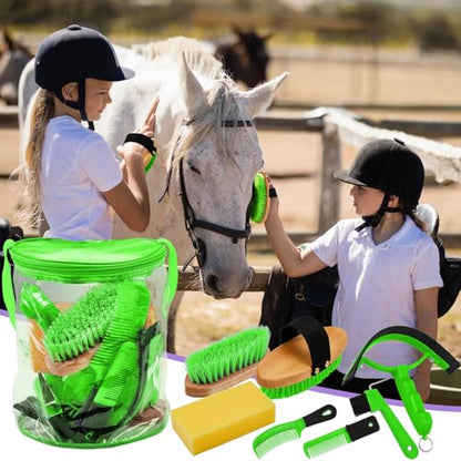 Cunhill 9 Pcs Horse Grooming Kit with Bag Curry Brushes,Cute,Green - color: Green, style: Cute