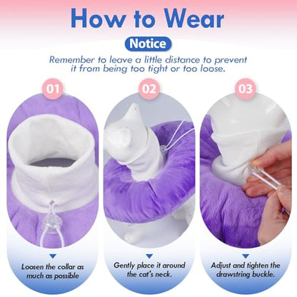Lightweight Soft Cat Cone After Surgery, Adjustable Donut Collar with Drawstring Buckle, Scratch Resistant, Machine Washable, Suitable for Head/Foot Wounds Recovery, Purple Large - color: Purple, size: Large (Neck:9")
